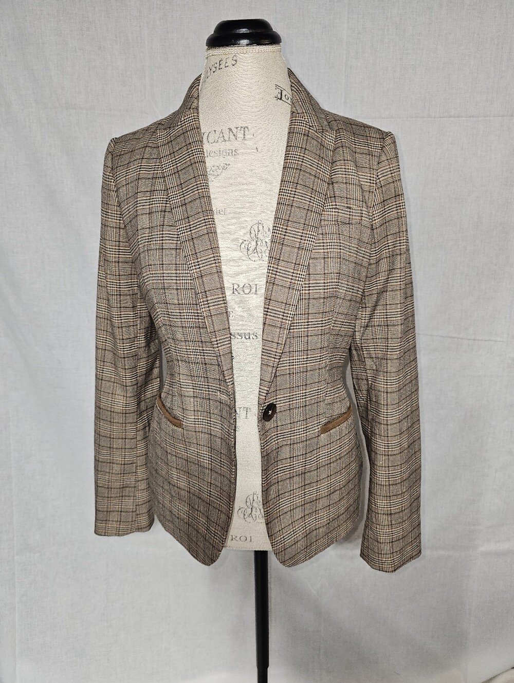 Women's Brown Plaid Notch Lapel Blazer